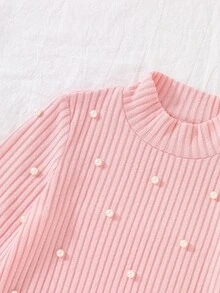 Young Girl Pink Rib-Knit Beaded Pearl Dress Autumn Winter Mock Neck Long Sleeve Sweater Dresses - Pink - View 7