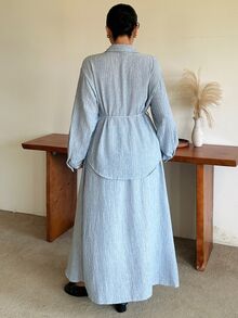 Dazy Plus Set 2 Potong Kemeja Longgar Kasual Bertali dengan Motif Garis dan Rok, Fashion Baru Musim Semi/Gugur - Biru - View 8