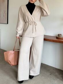 Dazy Plus Setelan Dua Potong Atasan Asimetris Warna Polos dengan Ikatan Depan & Celana Panjang Kasual untuk Kerja di Kantor, Musim Gugur/Musim Dingin, Model Sweater Baru - Khaki - View 6