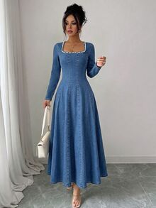 GlowEve Women's Faux Pearl Decor Cinched Waist Long Sleeve Denim Dress - Blue - View 5