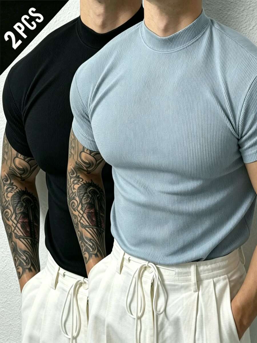 Gym Rark 男士立領短袖修身純色百搭極簡運動T恤 - 彩色 - 查看 1