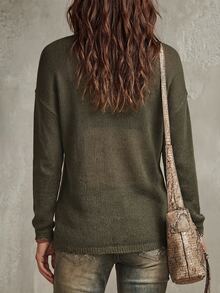 SHEIN New Arrival Women Mock Neck Cut Out Cold Shoulder Knit Sweater, Oversized Drop Shoulder Long Sleeve - Army Green - View 2