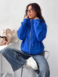 SHEIN EZwear 女款前拉鍊長袖口袋連帽衫， - 寶藍色 - 查看 5