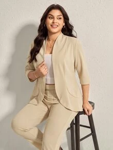 Comfylo Plus Size Women Solid Color 3/4 Sleeve Blazer And Pants 2 Pieces Set, Business Casual Style - Apricot - View 6