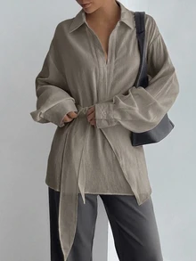 DAZY 女款半鈕扣側綁帶套頭休閒優雅襯衫 - 灰色 - 查看 9