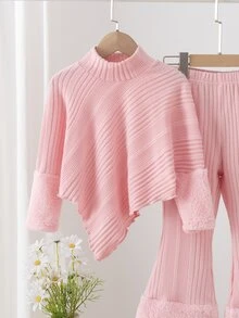 SHEIN Elladie kids 女童高領毛絨兩件套，粉色上衣搭配不對稱下擺與人造毛袖口，配對羅紋喇叭褲，適合秋季7歲生日 - 粉色 - 查看 4