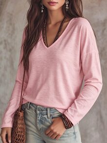 Selamara Women's New Autumn/Winter Best-Selling V-Neck Casual Versatile Long Sleeve T-Shirt - Baby Pink - View 3