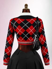 Amplova Women's Knitted Sexy Avant-Garde Plaid Collar Campus Style Outfit Suitable For Back To School Season - Red - View 2