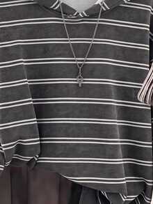 SHEIN EZwear 女款秋季新款條紋休閒學院風百搭日常長袖連帽衛衣 秋冬款 適合校園音樂節 灰色 - 彩色 - 查看 4