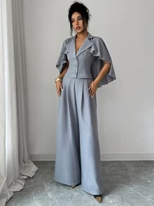Elenzga Daily Commute Holiday Workplace Office Party Elegant Business Style Ruffle Cape Sleeve Lapel Cinched Waist Blazer Wide Leg Pants Set Solid Color Premium Gray Elegant Romantic - Grey - View 4