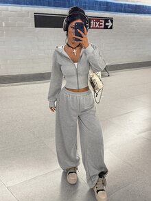 StreetHx Women's Casual Street Daily Light Gray Comfortable - Jacket + Pants - Autumn/Winter Mix & Match Free - Sports Campus Two Pieces Sweatshirt Set - Grey - View 4