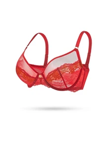 LUVLETTE Soft Woman Lingerie Sheer Full Coverage Underwire Sexy Unlined Minimizer Sequined Glam Floral  Lace Elegance & Mesh  Intimates Christmas Red Bra - Red - View 6