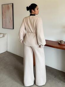 Dazy Plus Setelan Dua Potong Atasan Asimetris Warna Polos dengan Ikatan Depan & Celana Panjang Kasual untuk Kerja di Kantor, Musim Gugur/Musim Dingin, Model Sweater Baru - Khaki - View 2