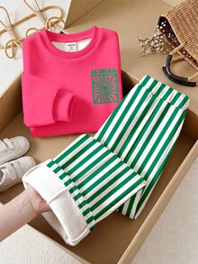 THE HAPPY LOOK Baby Girl Soft Letter Print Long Sleeve Crew Neck Sweatshirt And Striped Wide Leg Autumn Pants Set Streetwear - Multicolor - View 5
