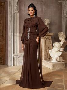 Aureia Elegant Chiffon Pleated Rhinestone Decor Cinched Waist Dress Suitable For Weddings, Parties - Khaki - View 6