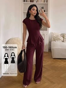SHEIN PETITE 女款收腰百褶襯衫與寬腿褲兩件套 - 酒紅色 - 查看 8