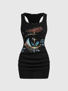 ROMWE Grunge Punk Women's Vintage Hot Girl Neutral Street Style Versatile Eye Starry Sky Print Five-Pointed Star Studded Fitted Mini Dress - Black - View 1