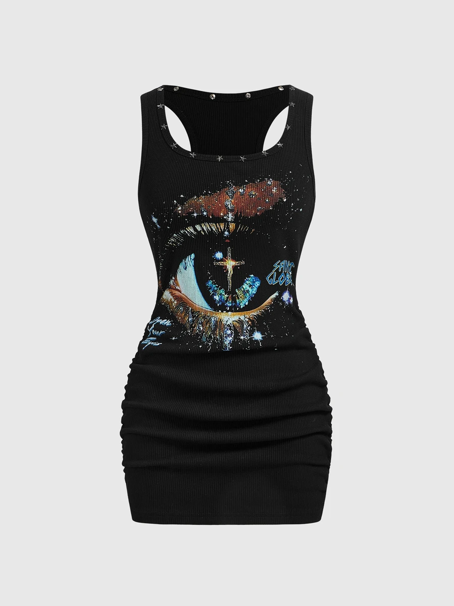 ROMWE Grunge Punk Women's Vintage Hot Girl Neutral Street Style Versatile Eye Starry Sky Print Five-Pointed Star Studded Fitted Mini Dress - Black - View 1