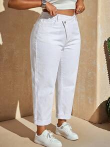 Slaydiva Quần jeans ống đứng cạp thẳng màu trơn có cúc và túi cho người size lớn - trắng - Xem 6