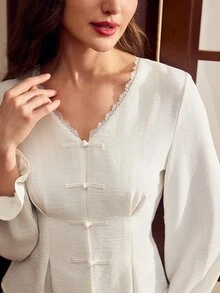 Vintamour Women's Solid Color Lace Patchwork V-Neck Button Design Cinched Waist Pleated Hem Long Sleeve Blouse - White - View 4