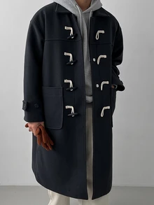 DAZY Autumn/Winter Navy Blue Wool Fabric Loose Cuff Adjustable Over-The-Knee Length Horn Button Placket With Hidden Metal Snap Inner Layer Matching Lining Korean Style Overcoat For Men - Navy Blue - View 6