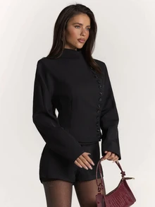 SHEIN BAE Women's Solid Single Breasted Stand Collar Blazer - Black - View 5