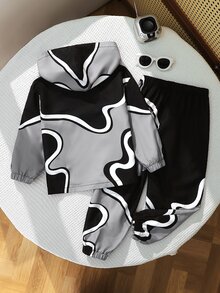 SHEIN 2件組兒童小男孩休閒日常百搭舒適拼接連帽半拉鍊套頭寬鬆長袖外套與寬鬆彈性收口褲，梭織兩件套，適合學校、花園、海灘、生日，春夏秋季穿著 - 彩色 - 查看 2