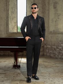 Manfinity Mode Men's Single-Breasted Suit Jacket With Rhinestones And Matching Pants, Autumn, Elegant, Party, Suitable For Business, Banquets, And Ceremonies, Formal - Black - View 5