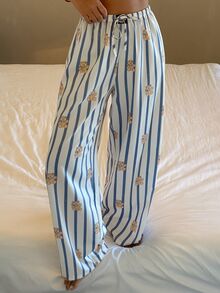 DAZY Women's Striped & Cartoon Print Elastic Waist Drawstring Loose Pajama Pants - Blue and White - View 1