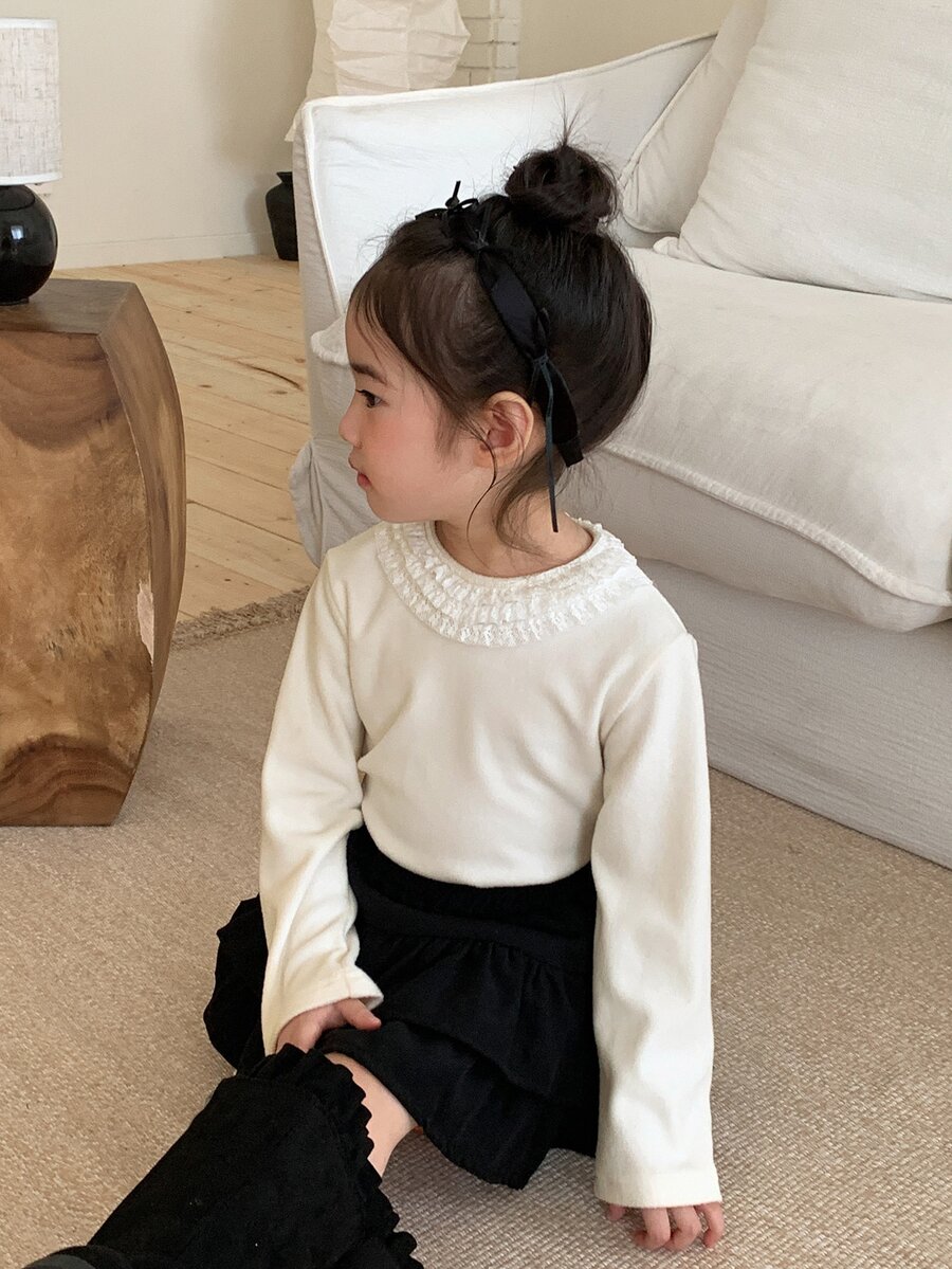 DAZY Áo bé gái màu trơn cổ tròn phối ren thời trang đa năng - Màu be - Xem 1
