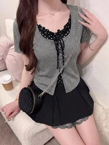 Bijouette Zanying Summer Plus Size Black And White Casual Elegant Sexy 2 In 1 Top Contrast Color Frill Trim Patchwork Polka Dot Inner Design Birthday - Grey - View 11