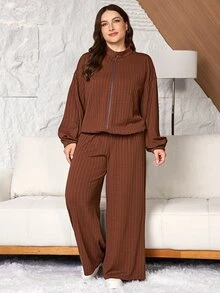 Modelyn 大尺碼女款針織拉鍊長袖夾克與長褲套裝 - 摩卡棕 - 查看 5