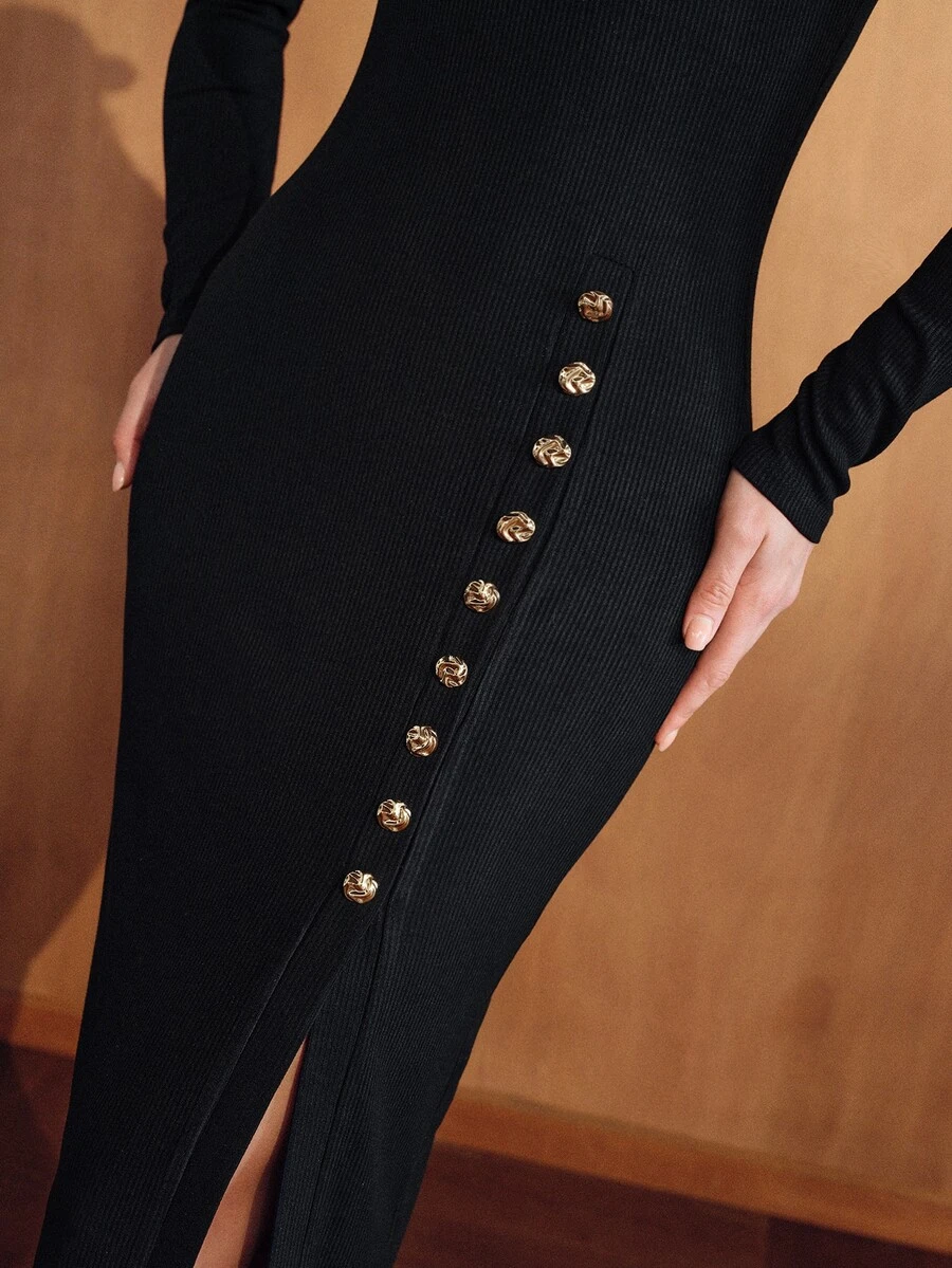 MOTF PREMIUM WOMEN'S HIGH NECK METAL BUCKLE DECOR HIGH SLIT MIDI DRESS - Black - View 2