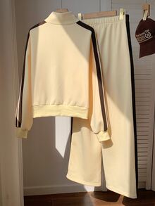 Comfortcana Women's Streetwear Embroidered Zip-Up Jacket & Striped Colorblock Pants 2pcs Set - Light Yellow - View 2