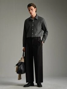 Calmiston 男士休閒條紋口袋單排扣商務襯衫上衣，針織衫 - 黑色 - 查看 3