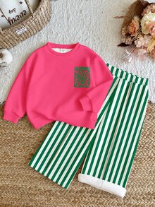 THE HAPPY LOOK Baby Girl Soft Letter Print Long Sleeve Crew Neck Sweatshirt And Striped Wide Leg Autumn Pants Set Streetwear - Multicolor - View 7