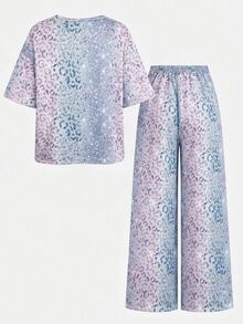 SHEIN Tween女孩休閒日常寬鬆時尚圓領豹紋與小馬圖案T恤長褲套裝 - 彩色 - 查看 2