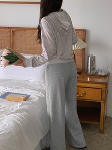 DAZY Women's Striped Long Sleeve Top And Pants Casual Daily Loungewear Set - Grey - View 2