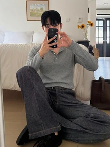 DAZY 男士白色羅紋布料長袖圓領半開襟前扣純色T恤 - 灰色 - 查看 7