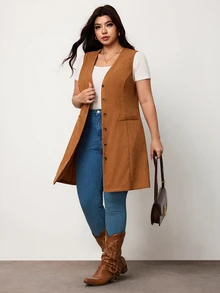 Truni Plus Size Women's Western Style Casual Corduroy Vest Long Coat Pear Body,Triangle Body Fall - Brown - View 4