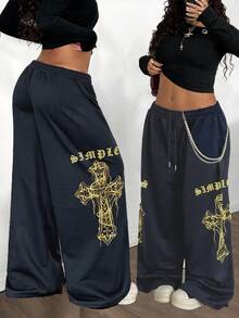 Maweii Plus Size Women Sexy Loose Straight Leg Personalized Print Street Style Casual Vacation Office Daily Pants Sweatpants Fall - Navy Blue - View 1