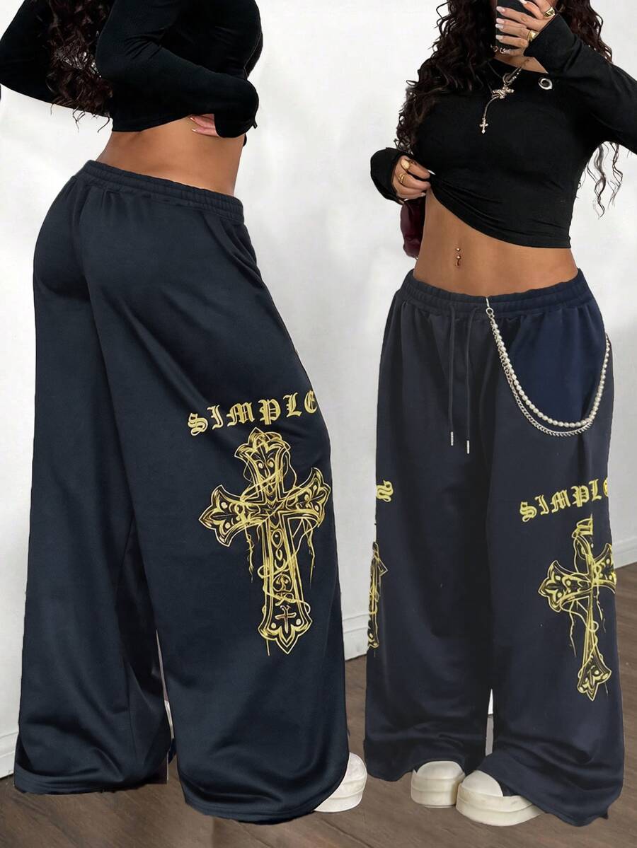 Maweii Plus Size Women Sexy Loose Straight Leg Personalized Print Street Style Casual Vacation Office Daily Pants Sweatpants Fall - Navy Blue - View 1