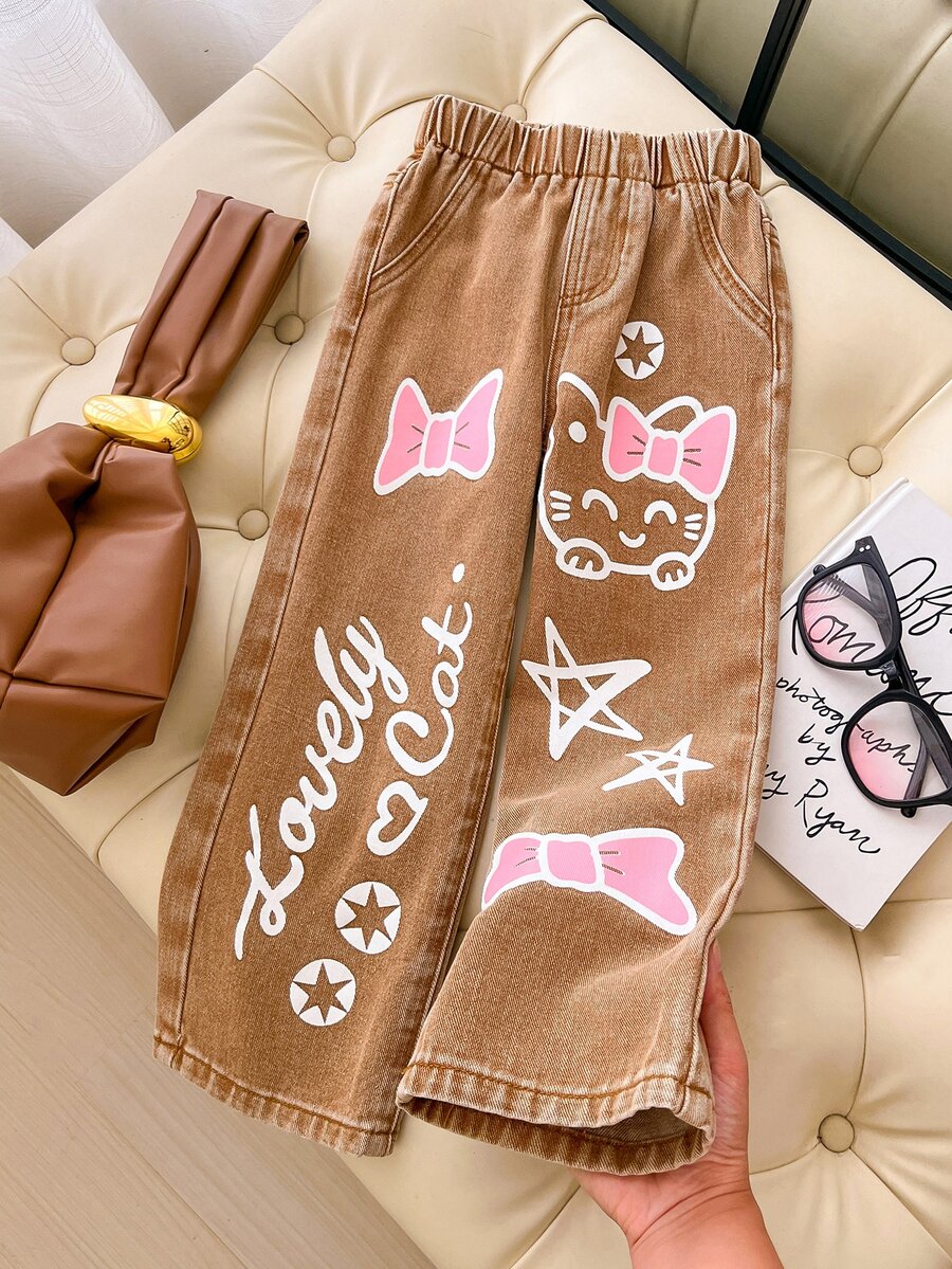 SHEIN ChillGRL Young Girl Denim Summer Jeans Washed Gray, Frill Trim & Flower Bud Waist Design, Cute Floral Rabbit Embroidery Wide Leg Denim Pants - Multicolor - View 1