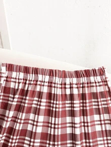 SHEIN 青少年女孩睡衣套裝，新款復古圖案印花牛奶絲灰色圓領長袖上衣，搭配全印花酒紅格紋寬鬆舒適長褲，2件套居家服，秋冬日常聖誕節假期風格，1套 - 灰色 - 查看 4