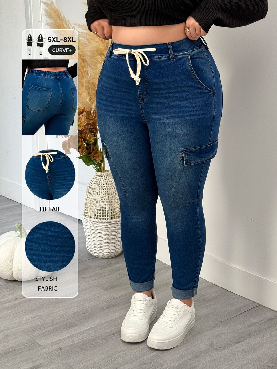 SHEIN CURVE+ Women's Plus Size Blue Washed Stretch Drawstring Waist Denim Jeans, Casual Outwear With Multiple Pockets, Suitable For 5XL-8XL, Autumn/Winter - Blue - View 1