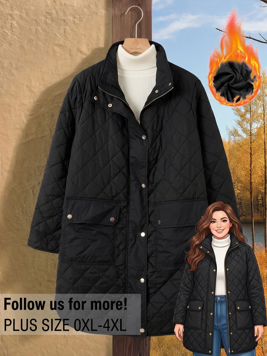 Rusticease Plus Size Women Solid Color Casual Versatile Winter Padded Coat - Black - View 1