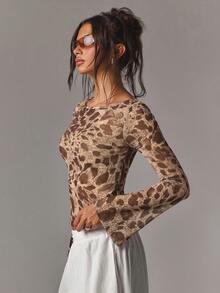 Athîral 女款休閒性感豹紋網紗喇叭袖修身上衣，夏季秋季休閒上衣，性感穿搭基本款復古 Y2K 上衣，酒紅色 - 咖啡棕 - 查看 7