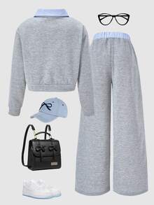 SHEIN 2件組秋冬青少年女孩寬鬆休閒可愛配色拼接2合1領口V領衛衣寬腿褲套裝校園灰色 - 灰色 - 查看 2
