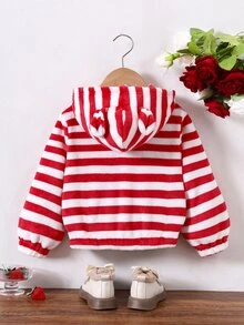 SHEIN Playful Pals 女童可愛加厚保暖內裡連帽外套 單件經典紅白條紋毛絨布料 附可愛熊耳朵裝飾與前胸草莓設計 - 紅白色 - 查看 2