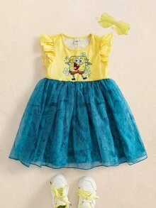 SpongeBob SquarePants | SHEIN Young Girl Cartoon Pattern Pleated Casual Daily Summer Dress - Yellow - View 1